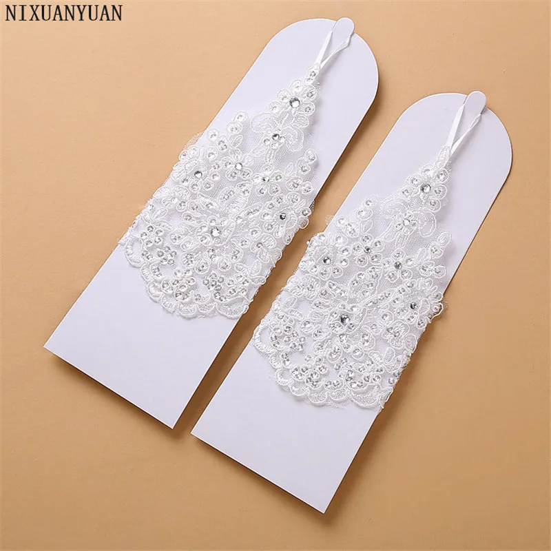 Elegant Beaded Lace Satin Short Bridal Gloves 2021 Fingerless Wedding White Ivory Accessories Veu De Noiva | Свадьбы и торжества