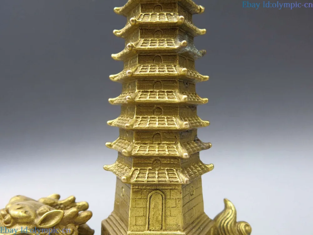 Китайская латунная скульптура резная тонкая медь фэн шуй пагода статуя дракона