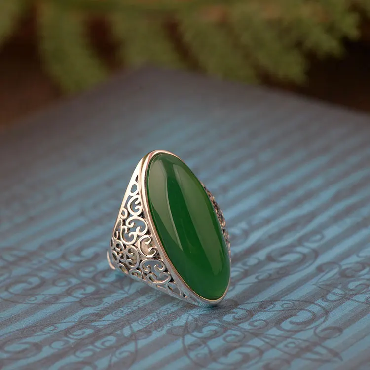 green agate ring FNJ 925 Серебряное овальное кольцо с черным зеленым камнем,, S925 Стерлинговое тайское серебро, кольца для женщин, ювелирное изделие, регулируемый размер - Цвет основного камня: green agate ring