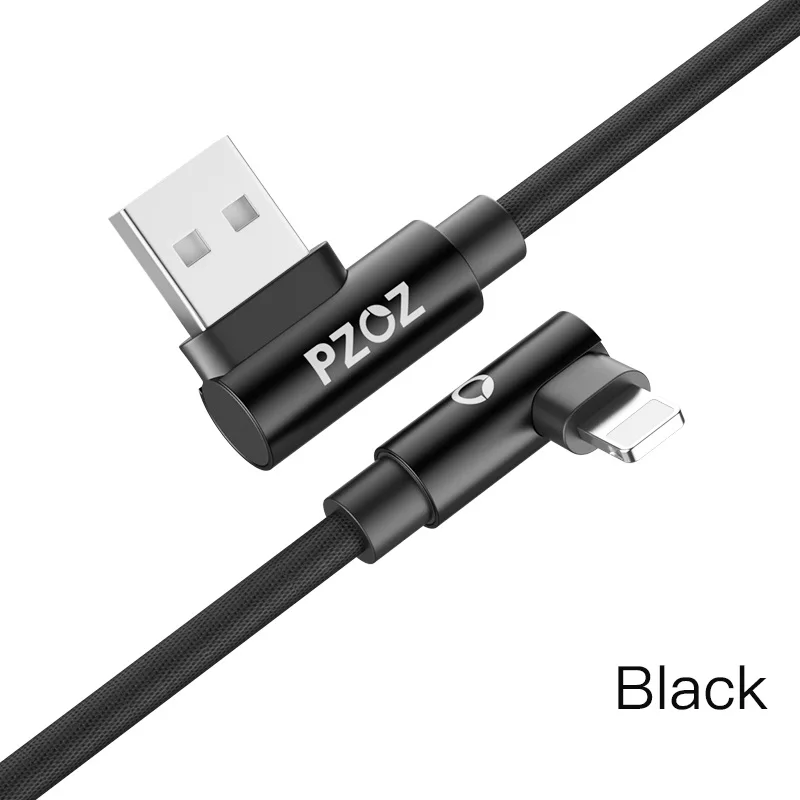PZOZ для iphone зарядное устройство USB кабель Быстрая зарядка 90 градусов usb Шнур кабель для iphone Xr Xs Max 8 7s 6 plus 6s 5 5S se ipad кабель - Цвет: Black