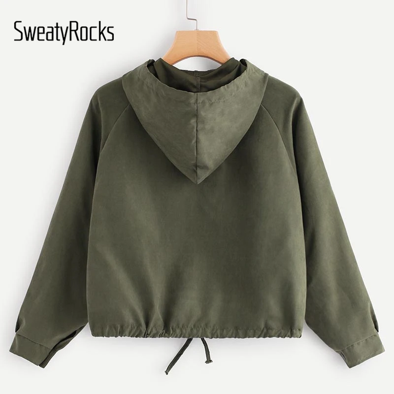 SweatyRocks геометрический узор шнурок с капюшоном карман куртка на молнии плиссированные нижние кроп Топы Осень длинным рукавом женские пальто