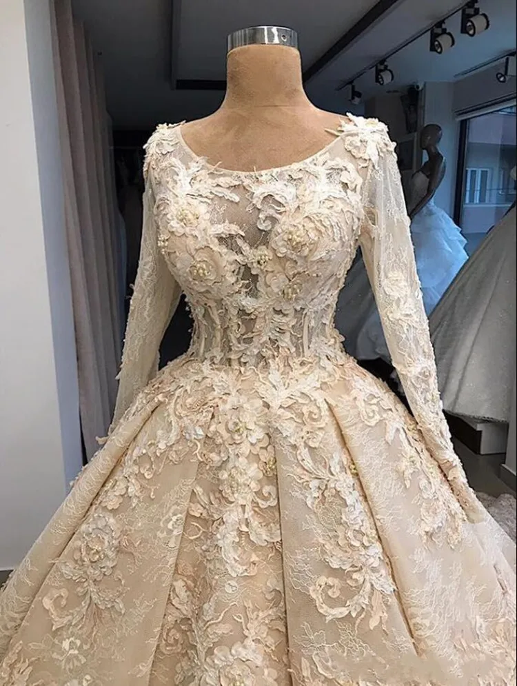 Fabulous Wedding Dresses with Beading Appliques Full Sleeves Custom Made Vestidos De Novia Ball Gown For Bride