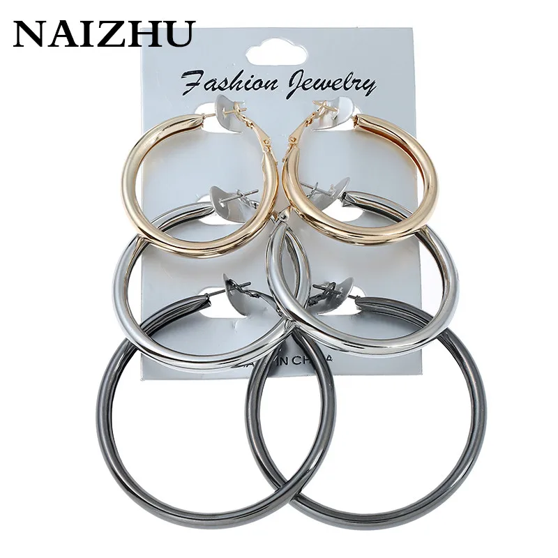 Naizhu 3 пары/набор серебряных сережек-кольце для женщин, гладкие круглые, оптовая продажа ювелирных изделий.