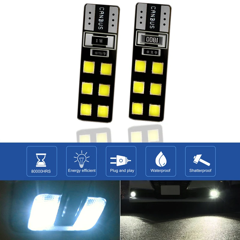 

2 шт., Автомобильные светодиодные лампы T10 Led w5w 5000K 3030 12 SMD T10 CANBUS-Ready 168 194