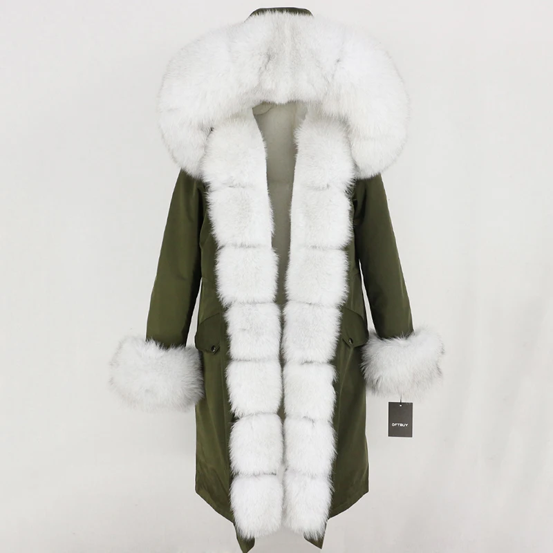 green white Зимняя куртка женская X-long Parka непромокаемая Верхняя одежда натуральный мех пальто натуральный Лисий Мех капюшон Роскошная Верхняя одежда Съемная бренд - Цвет: green white