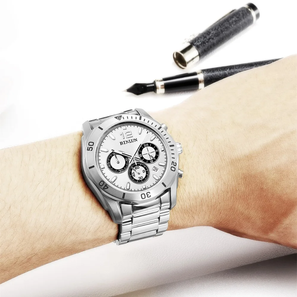 BINLUN серебряные роскошные классические четыре набора Мужские кварцевые часы