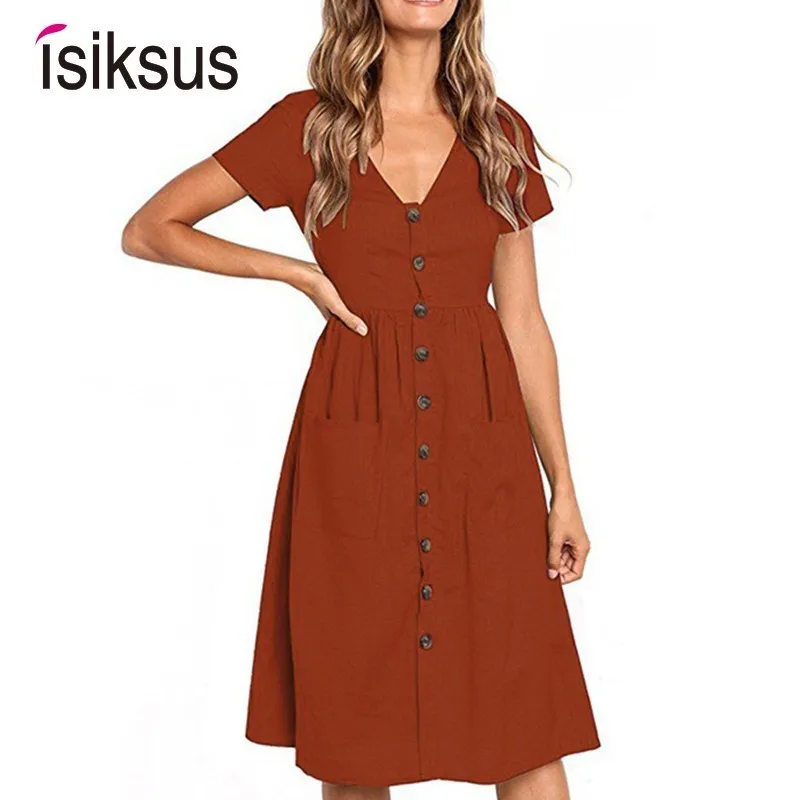 isiksus Vintage Linen Summer Dress Cotton Women Casual Elegant Short Sleeve Button Ladies Dresses For DR212 | Женская одежда