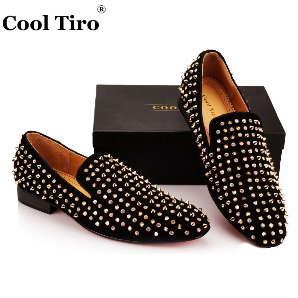 COOL TIRO/черные замшевые мужские лоферы с золотыми шипами и стразами обувь для