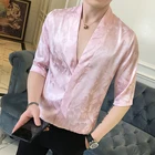 Рубашка мужская приталенная атласная, роскошная шелковая, в японском стиле, черная, розовая, лето 2018