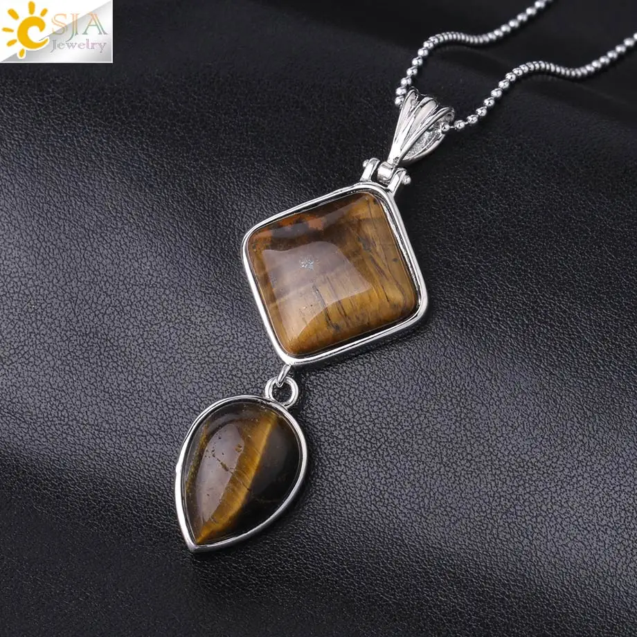 Tiger Eye CSJA, женские трендовые натуральные кварцевые подвески в форме капель воды, ожерелье, квадратные целебные камни, геометрические модные ювелирные изделия, мужское ожерелье s F815 - Окраска металла: Tiger Eye