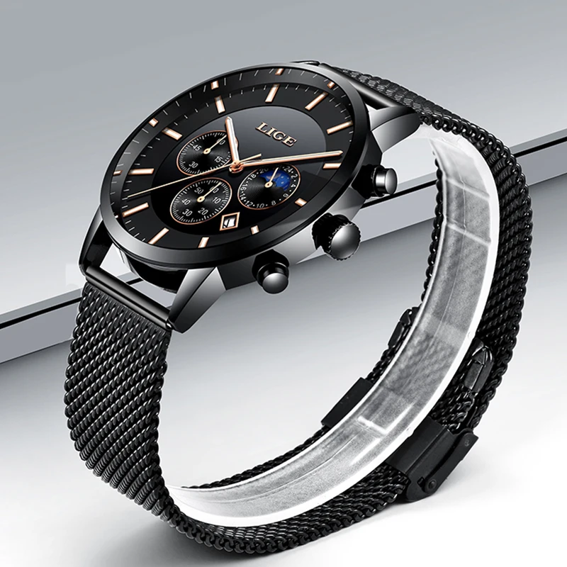 LIGE мужские часы Топ люксовый бренд Бизнес золотые кварцевые повседневные