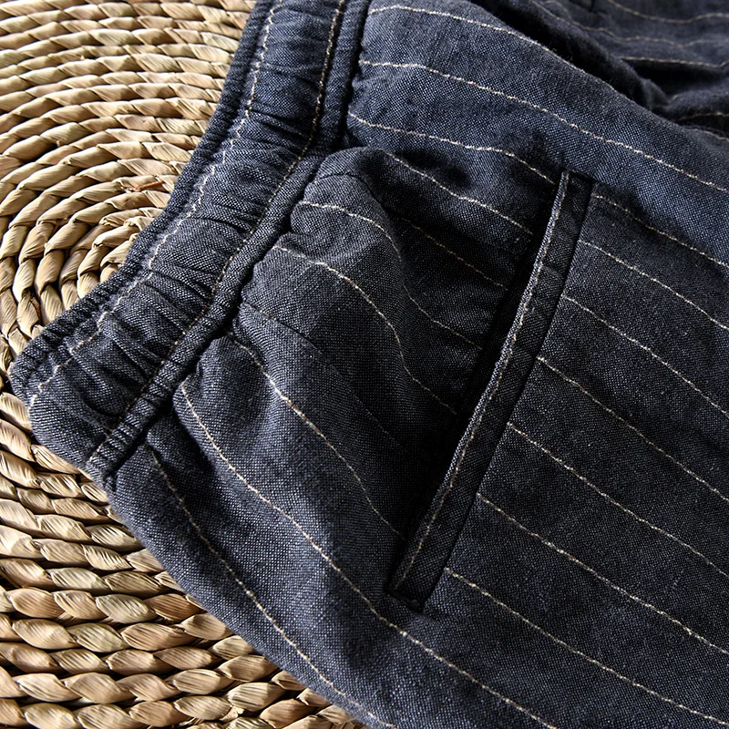 Мужские повседневные брюки в полоску из льна и хлопка свободные с эластичной