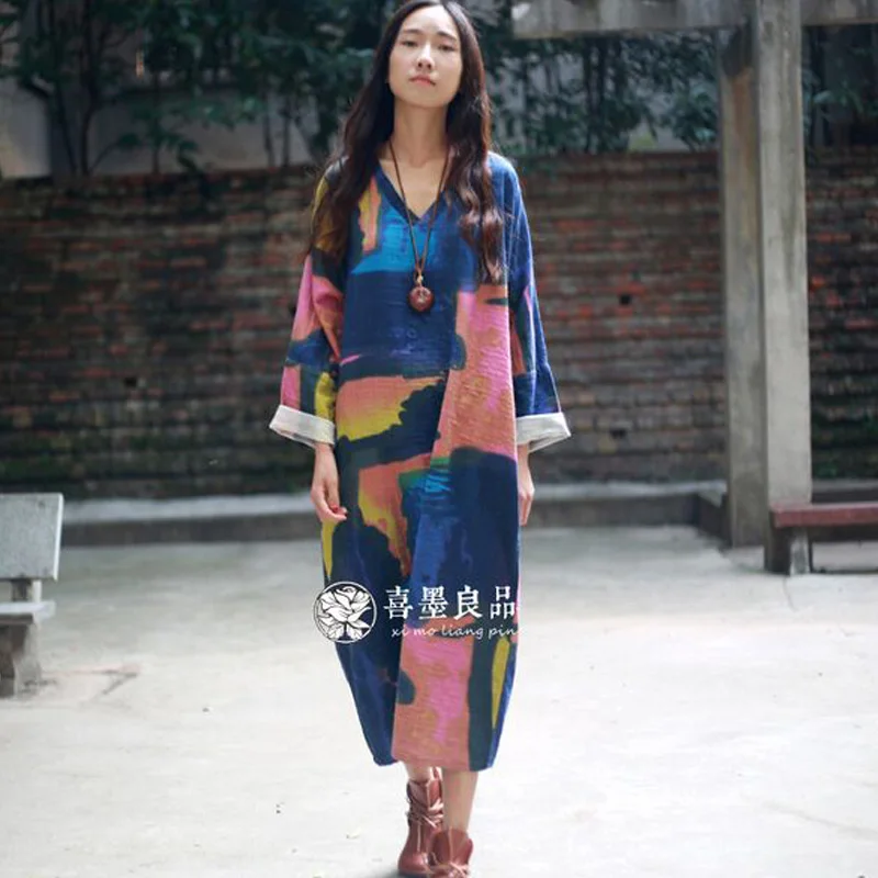 Женское длинное платье из хлопка и льна Свободное с длинным рукавом V-образным