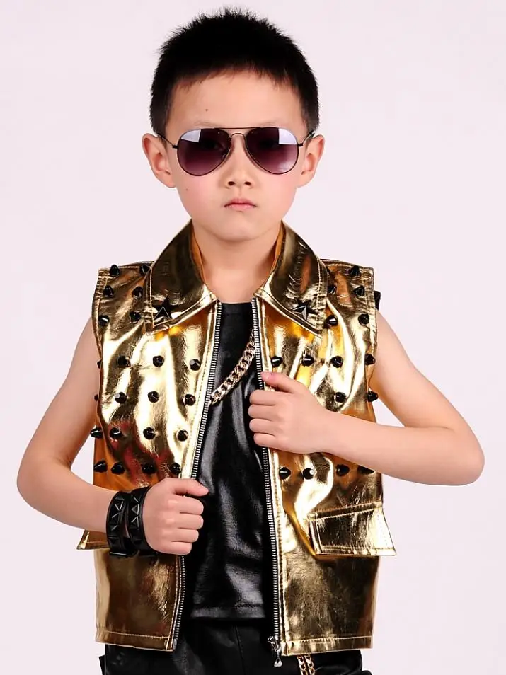 Gold vest Кожаная куртка в стиле хип-хоп для мальчиков; жилет с заклепками; Новинка года; детская одежда для выступлений; танцевальный костюм; детская одежда; жилет; Y1235 - Цвет: Gold vest