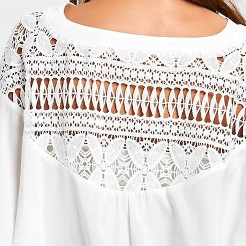 Laamei Sexy Hollow Out Women Blouse Fashion Solid Lace Patchwork Summer V-Neck Blusas full Sleeve Top Ladies |