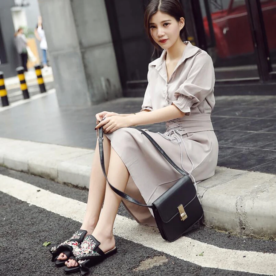 Хит продаж летние женские шлепанцы сатиновые на Плоском Каблуке с большой