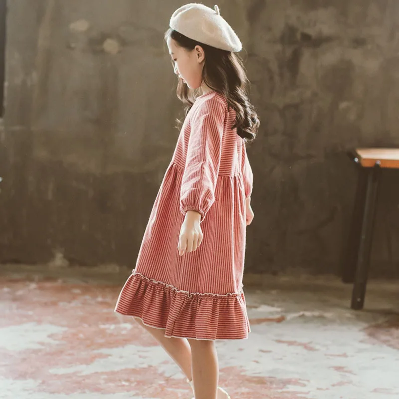 Платье в полоску с оборками для девочек хлопковое многослойное платье