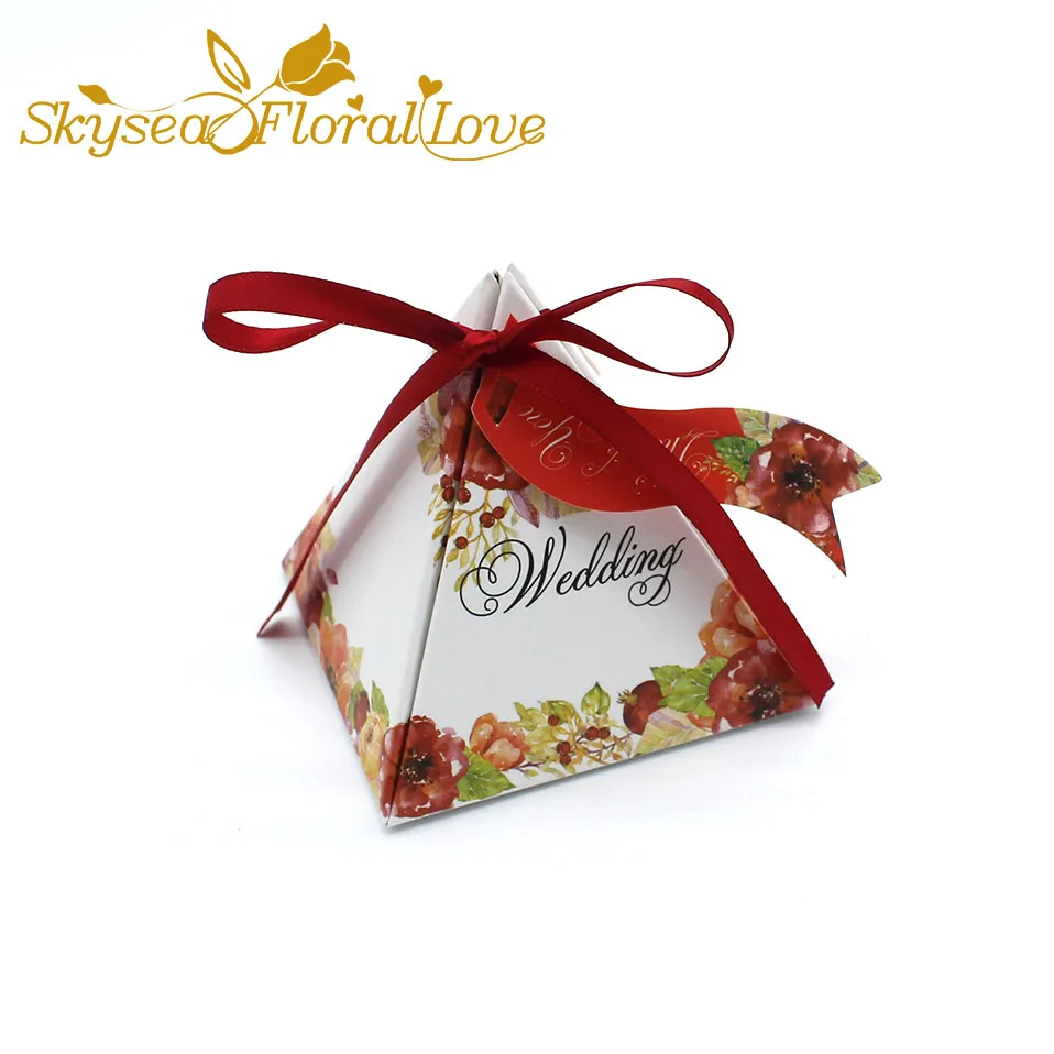 red rose Свадебная коробка для конфет, Подарочная коробка, Цветочная лента, коробка в виде пирамиды, Подарочная коробка, бумажный пакет, свадебные подарки для гостей, свадебное украшение, 50 шт./лот - Цвет: red rose