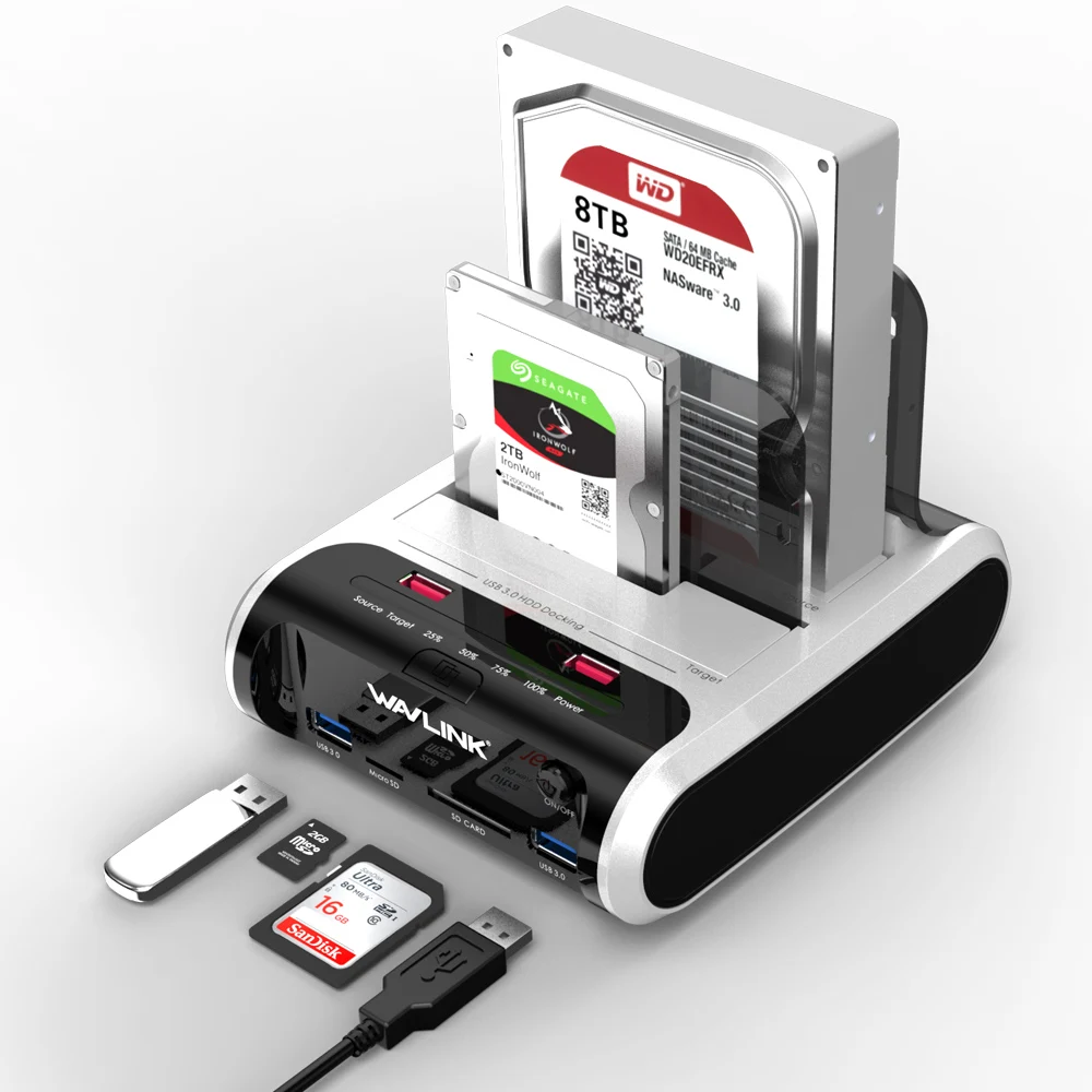 Wavlink 2,5 3,5 дюйма USB 3,0 на SATA двойной отсек жесткий диск Док-станция ж/офлайн клон и UASP кард-ридер для 2," и 3,5" HDD SSD