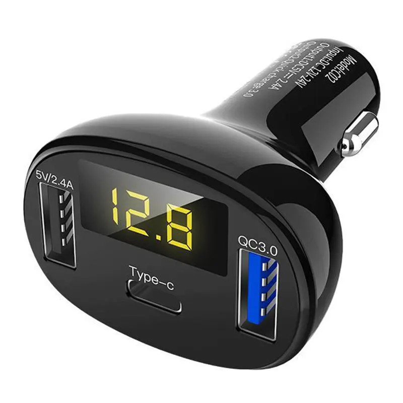 QC3.0 автомобильное зарядное устройство прикуриватель Смарт двойной тип разъема USB-C мобильный телефон Быстрая зарядка светодиодный дисплей Авто электрические аксессуары - Название цвета: Black  1pc