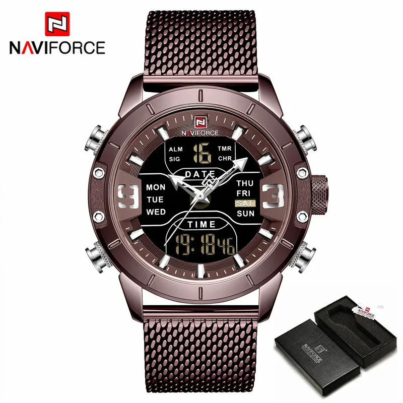 NAVIFORCE часы мужские люксовый бренд Мужские кварцевые спортивные военные часы цифровые повседневные Электронные Водонепроницаемые часы Relogio Masculino - Цвет: Coffee with Box