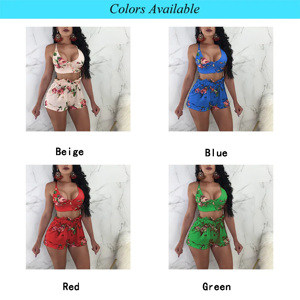 Beach Crop Top+Shorts Tops Romper Halter 2PCS Set Jumpsuit Sports Women’s Floral Outfits Sexy Clubwear 2018 New | Женская одежда