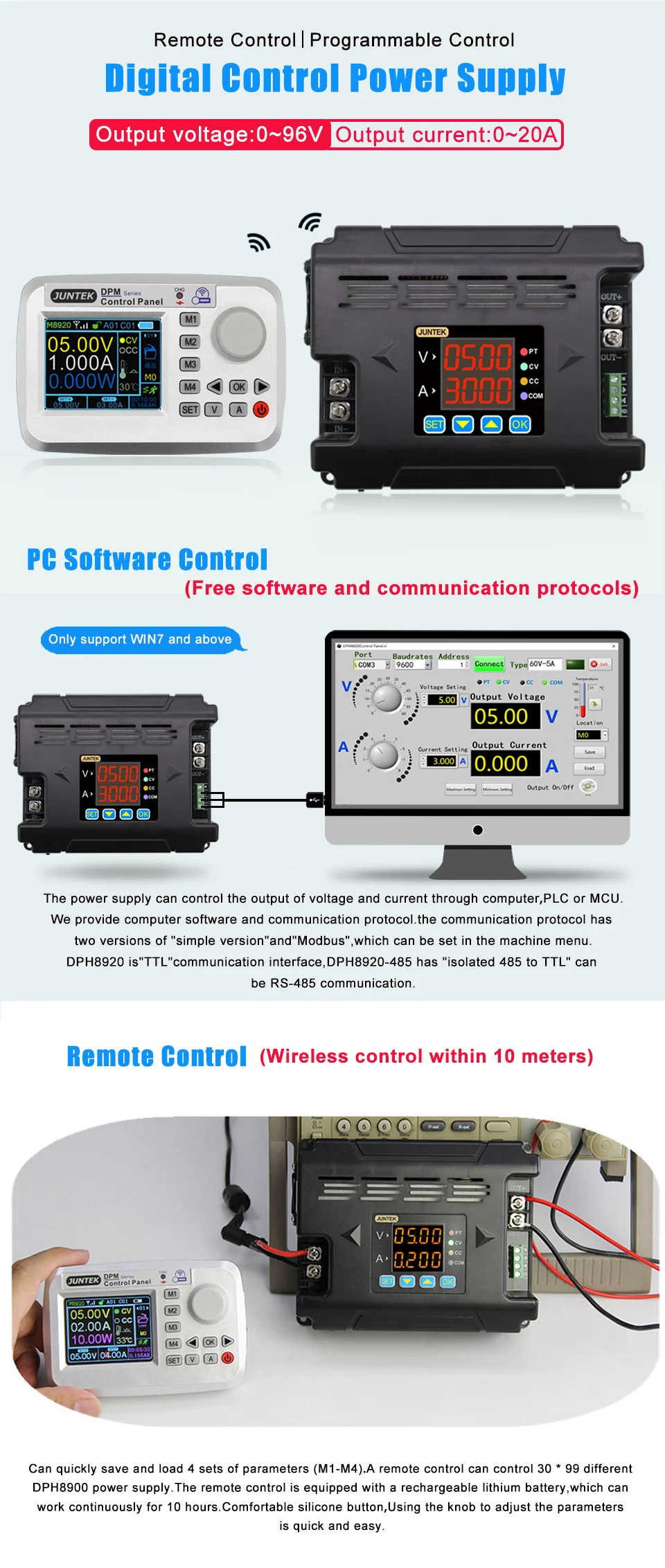 JUNTEK DPH8920 Дистанционное цифровое управление постоянное напряжение ток DC-DC понижающий Коммуникационный источник питания понижающее напряжение 96 в 20А