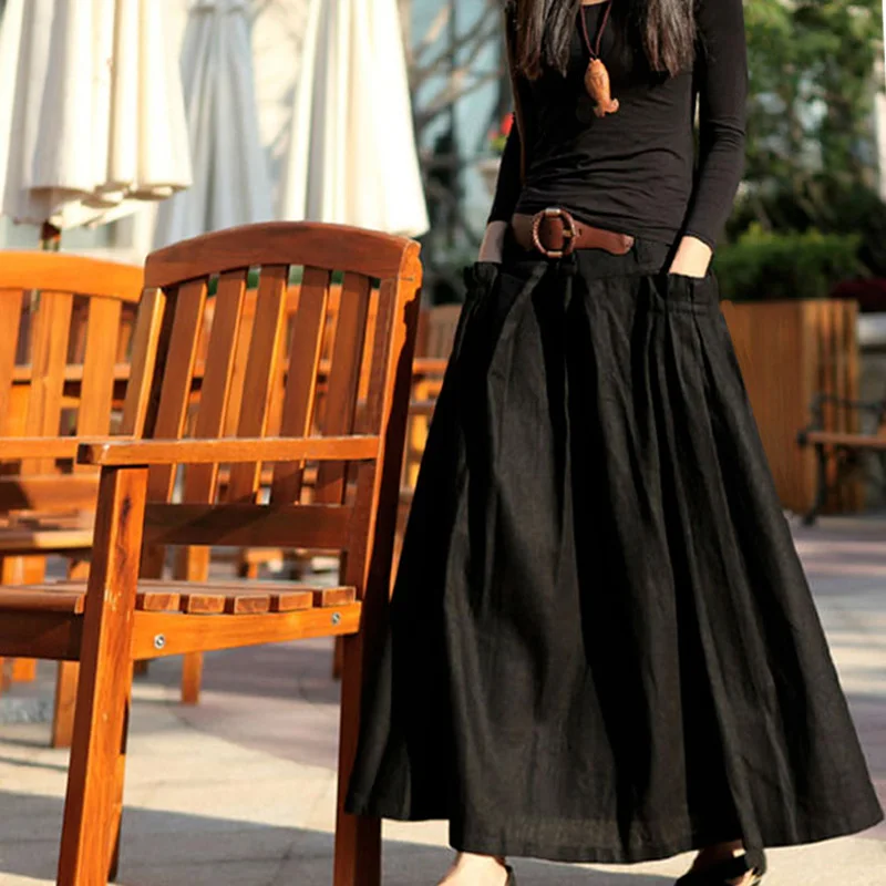 Женская плиссированная юбка-трапеция из хлопка и льна повседневная винтажная