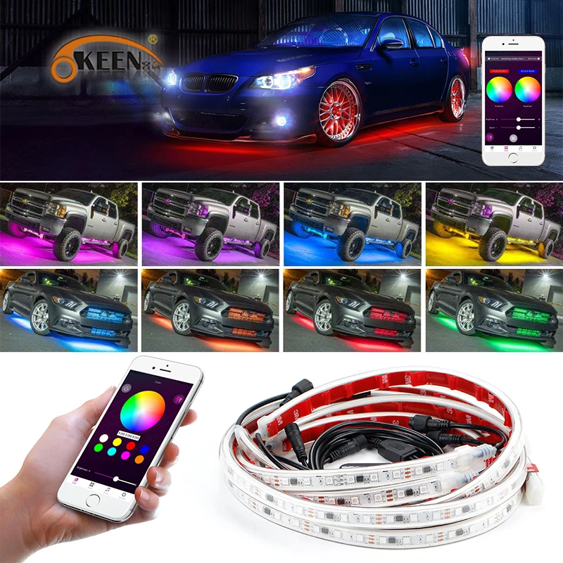 OKEEN с помощью приложения на телефоне Управление 60/150 см автомобиль RGB Светодиодные ленты светодиодный под автомобилем Glow днища Системы неоновый светильник Водонепроницаемый Авто Стайлинг