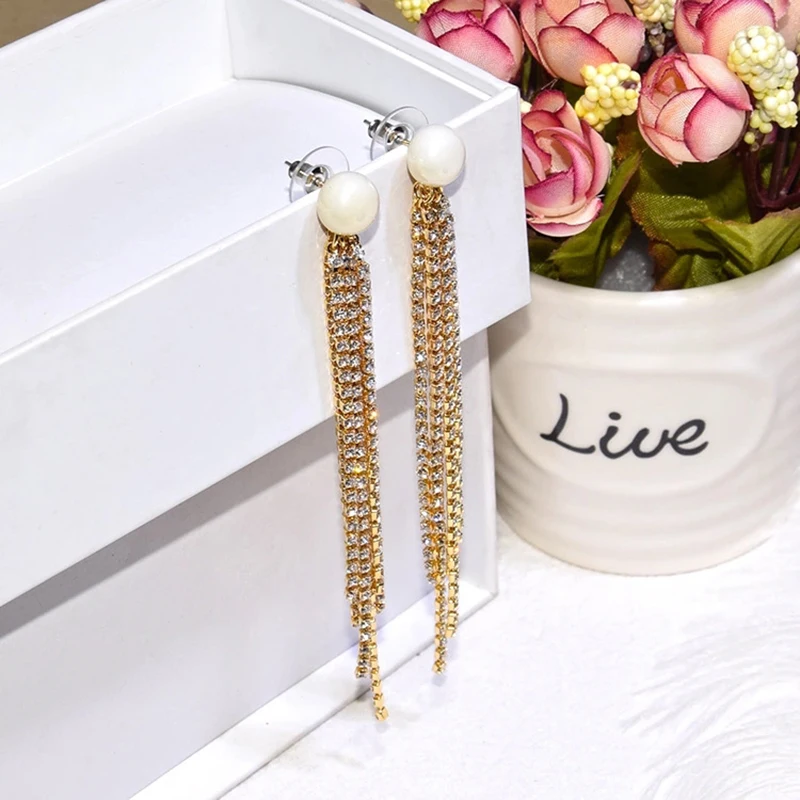 2020 длинные серьги с имитацией жемчуга подвеска кисточкой и кристаллами Серьги