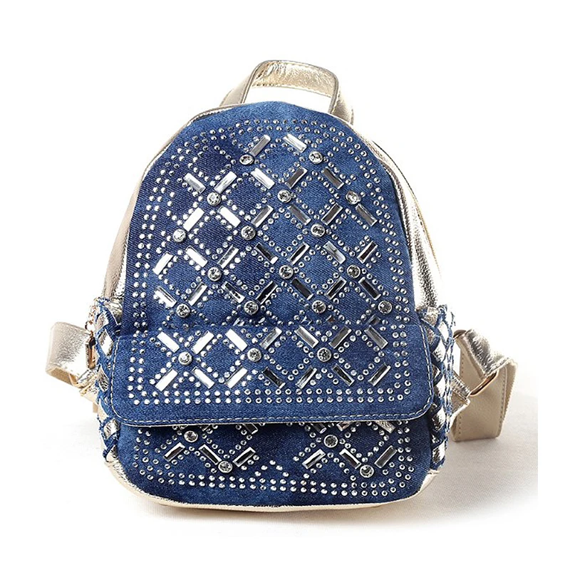 Denim gold Маленькие женские рюкзаки, женские школьные сумки, джинсы для девочек-подростков, бриллианты, заклепки, женский рюкзак, сумка на плечо, кошелек - Цвет: Denim gold