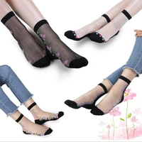 casual women print floral socks transparent thin roses flower lace socks crystal glass silk short socks