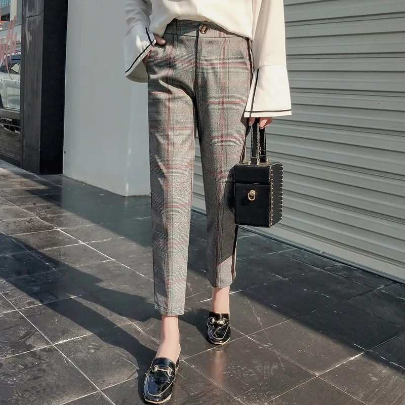 Англия Стиль боковой полосой штаны-шаровары в клетку Женские Карманы ПР Высокая
