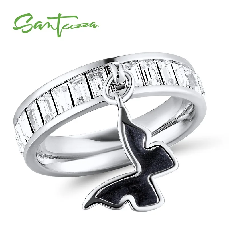White Rhodium(Black) SANTUZZA круглое кольцо для женщин многоцветное Сверкающее кольцо с кристаллами модное великолепное ювелирное изделие ручной работы с эмалью - Цвет основного камня: White Rhodium(Black)