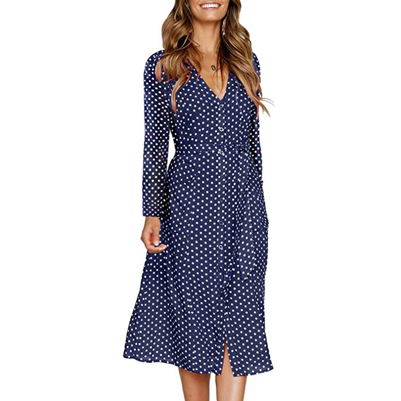 Polka Dot Long Dress Women Sleeve Spring Autumn Casual Dresses Button Lace Up 2020 Streetwear Black Maxi Vestidos | Женская одежда