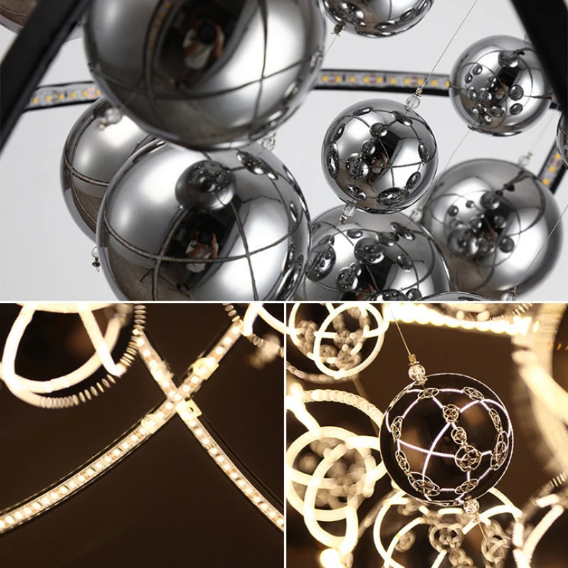Postmodern Solar System Design Chandelier Creative Stainless Steel Ring Glass Ball Restaurant Decoration LED Adjustable Lighting | Освещение