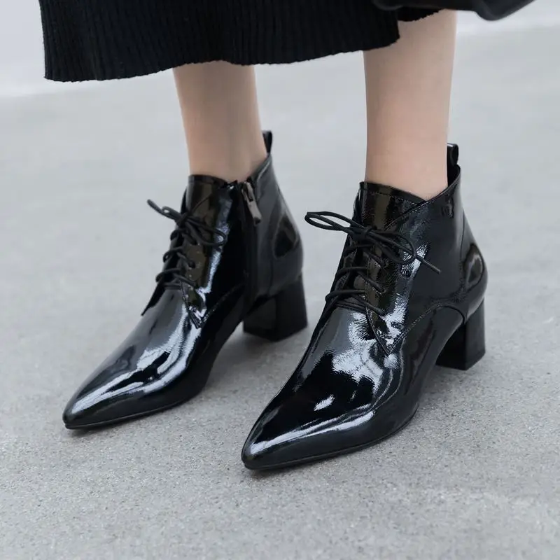ALLBITEFO fashion retro genuine leather pointed toe high heels women boots ankle boots for women leather boots girls shoes