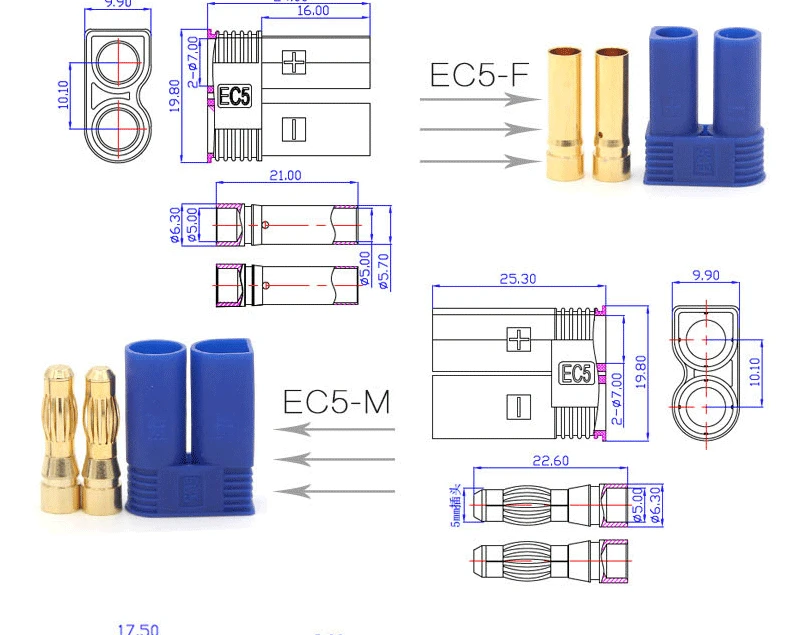10 шт. Amass EC2 EC3 EC5 разъем 3,5 мм 5,0 мм 2,0 мм Мужской Женский штекер типа "банан" с корпусом оболочка пуля RC части для Lipo батареи