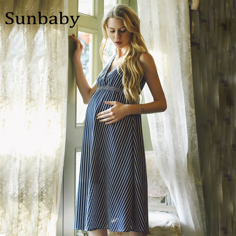 2021 модная летняя одежда для будущих мам синий полосатый шифон платье беременных