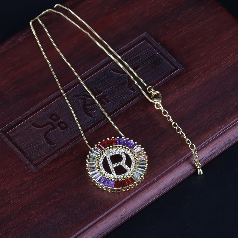 

gold 26 initial alphabet letter ABC name charm pave rectangle rainbow multi color cz crystal chain choker pendant necklace women