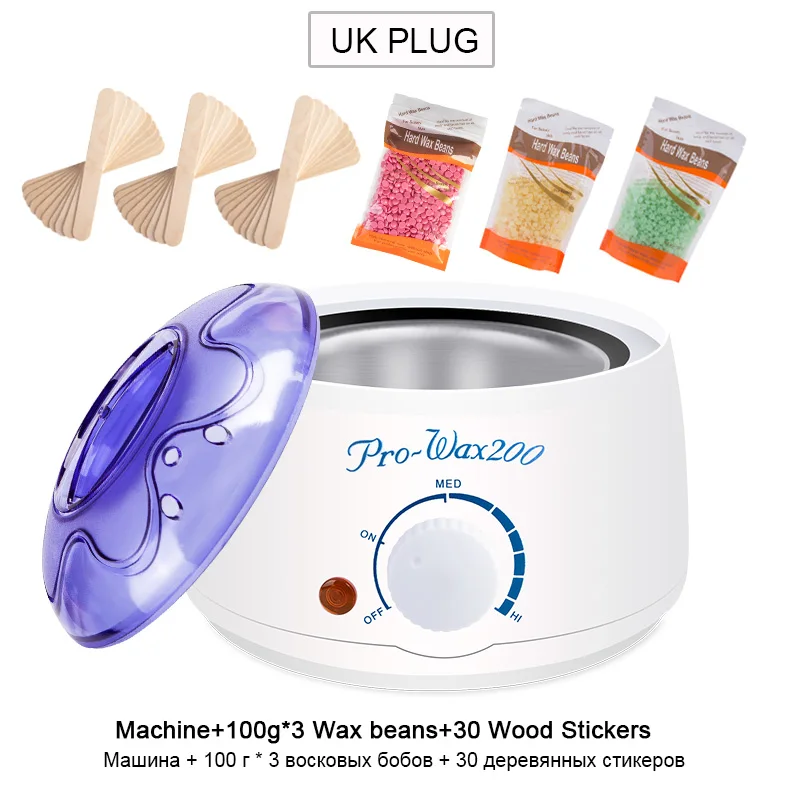 Set UK plug Электрическая машинка для удаления волос с расплавом воска, нагреватель 300 г, восковые бобы, 30 шт., деревянные наклейки, комплекты для удаления волос, набор для воска, cera depilatori - Цвет: Set UK plug