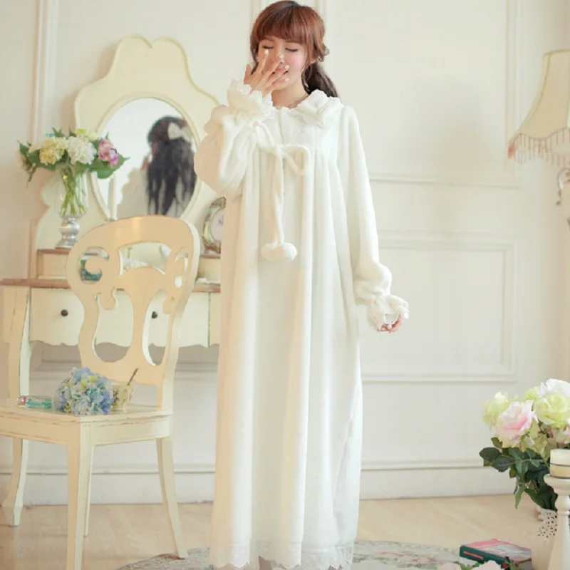 Зимняя теплая фланелевая ночная рубашка с длинным рукавом королевская белая