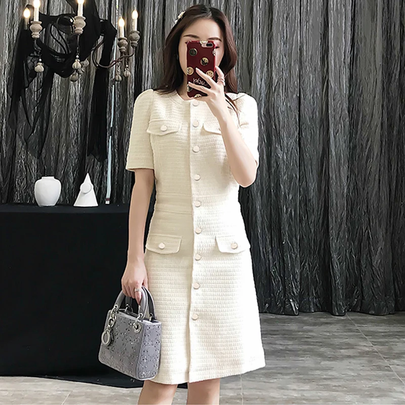 Платье из твида Off white с коротким рукавом 2019 весна / осень женское платье кисточкой