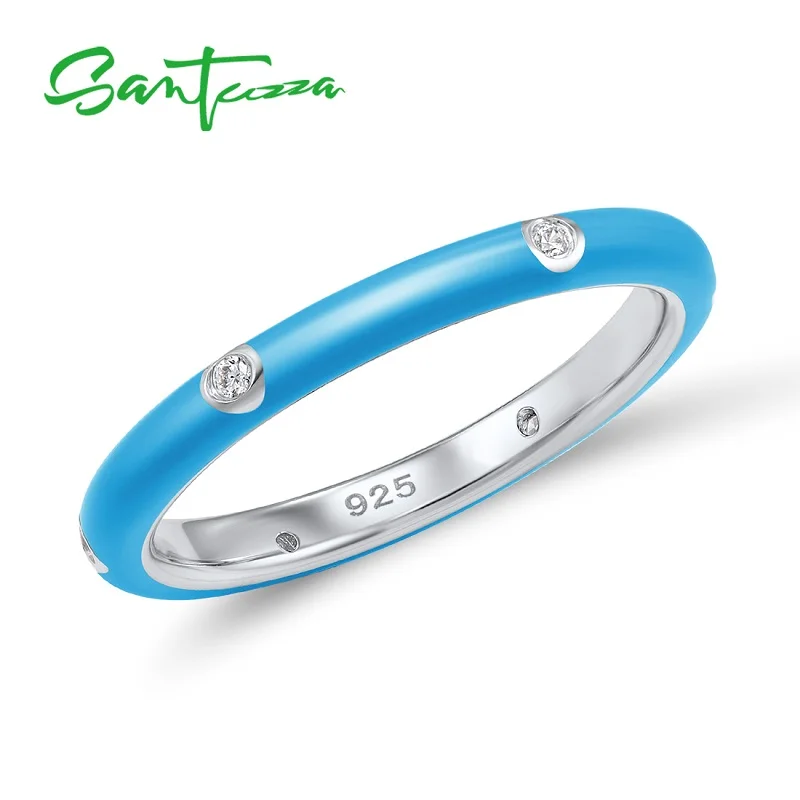 Sky Blue SANTUZZA кольца для женщин из чистого 925 пробы серебра красочные радуги CZ вечность стекируемые кольцо Модные ювелирные изделия ручной работы эмаль - Цвет основного камня: Sky Blue