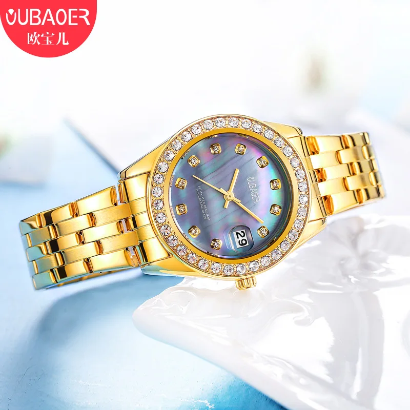 Женские часы Oubaoer модные со стразами жемчужинами ремешком для часов кварцевые в