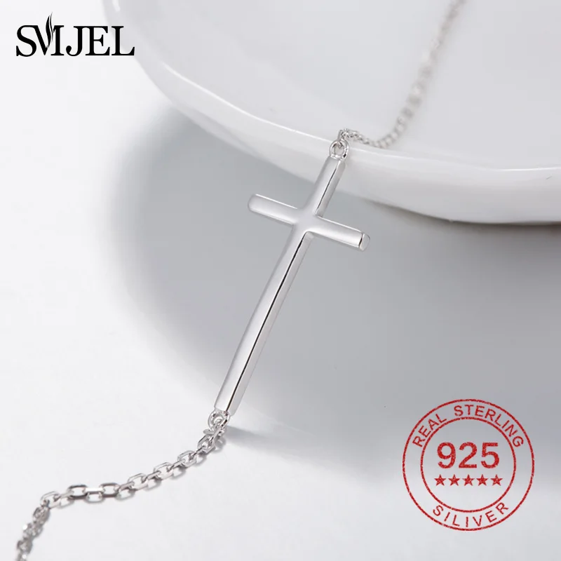 SMJEL Иисуса Христианские Женщины Мужчины крест с горизонтальной перекладиной браслеты 925 стерлингового серебра ювелирные изделия браслет подружки невесты подарок