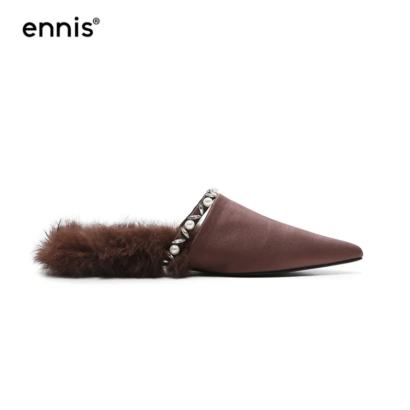 ENNIS/Коллекция года; женские шелковые туфли без задника с острым носком; женские модные шлепанцы с жемчугом и кристаллами; европейские дизайнерские меховые мокасины; Новинка; M705