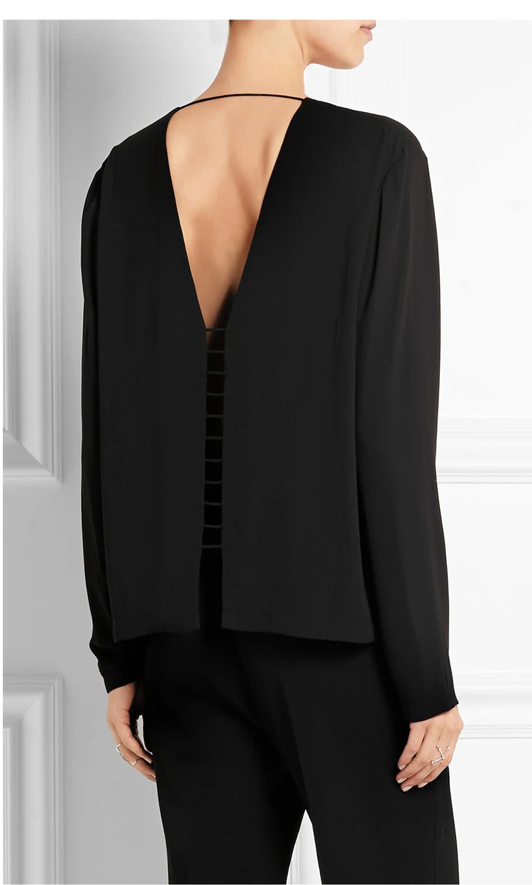 Сексуальный шифоновый топ с вырезом на спине и v образным женский черный пуловер