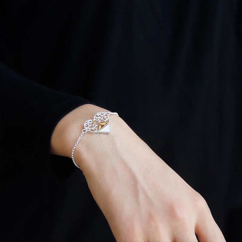 

Lotus Fun Moment Real 925 Sterling Silver Handmade Fashion Jewelry Romantic Bird in Love Heart Shape Bracelet for Women