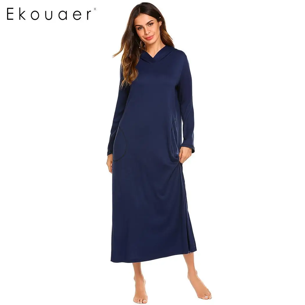 Ekouaer, длинные ночные рубашки, одежда для сна, женское платье с длинным рукавом, Свободный пуловер с капюшоном, ночная рубашка, Женская сорочка, ночная сорочка, осеннее платье
